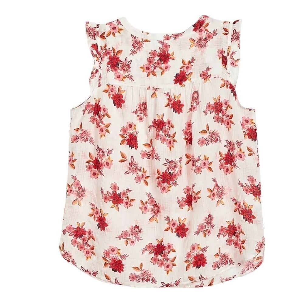 Loft Zinnia Ruffle Sleeve Split Neck Shell Red/Cream Size Large